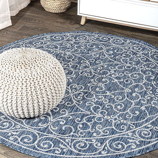 JONATHAN Y Vintage Filigree Indoor Outdoor Round Area Rug 6 Ft Navy/Gray, Charleston Textured Weave for Backyard, Patio, Porch, Easy-Cleaning, High Traffic, Pet-Friendly, Non-Shedding (SMB106D-6R)-Ruum Studio Home