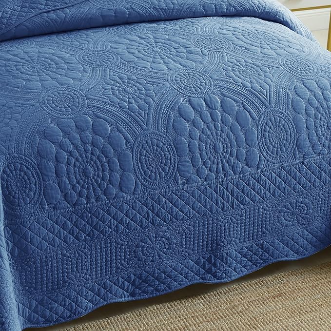 MarCielo 3-Piece 100% Cotton Oversized Bedspread Lightweight Quilt Coverlet Embroidery Farmhouse Bedding Set (Tf Midtone Blue, Oversized Queen (100"x106"))-Ruum Studio Home
