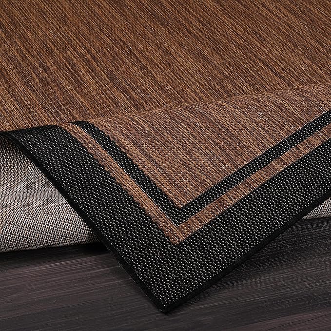 CAMILSON Indoor Outdoor Rug, 9x12 Bordered Nut Brown Black Modern Area Rugs for Indoor and Outdoor Patios, Kitchen and Hallway Mats, Washable Porch Deck Outside Carpet (Border Nut Brown Black, 9 x 12)-Ruum Studio Home