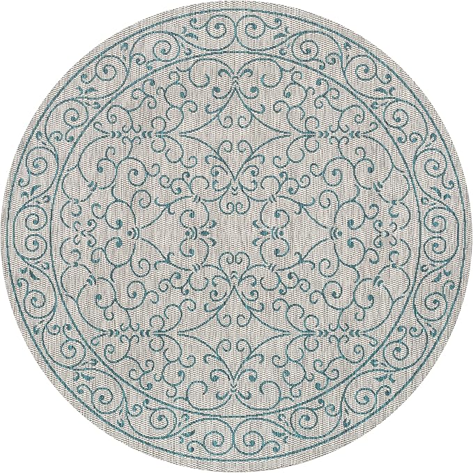 JONATHAN Y Vintage Filigree Indoor Outdoor Round Area Rug 8 Ft Gray/Teal, Charleston Textured Weave for Backyard, Patio, Porch, Easy-Cleaning, High Traffic, Pet-Friendly, Non-Shedding (SMB106E-8R)-Ruum Studio Home