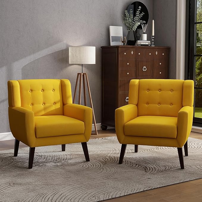UIXE Accent Chairs Set of 2, Modern Armchair Upholstered Arm Chair in Fabric for Living Room, Comfy Single Sofa Seats Button Tufted Reading Seating, Yellow-Ruum Studio Home