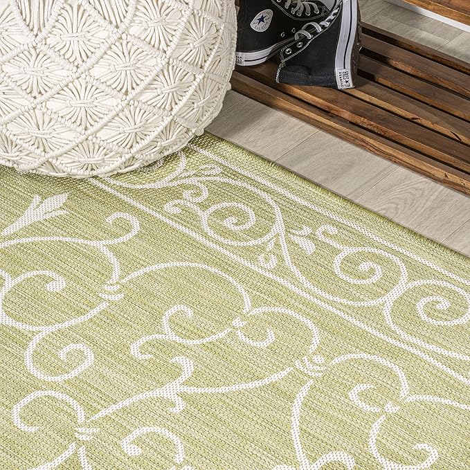 JONATHAN Y Vintage Filigree Indoor Outdoor Runner Rug 2X10 Green/Cream, Charleston Textured Weave for Backyard, Patio, Porch, Easy-Cleaning, High Traffic, Pet-Friendly, Non-Shedding (SMB106H-210)-Ruum Studio Home
