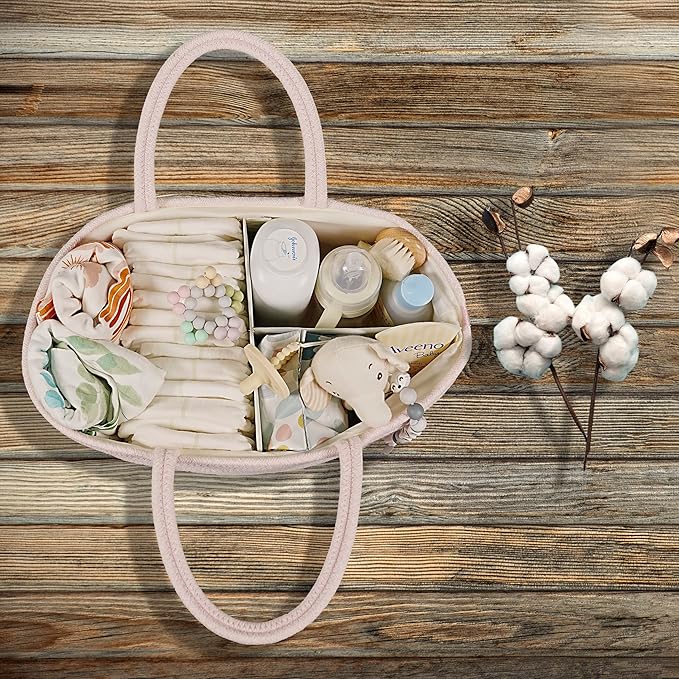 Large Baby Diaper Caddy Organizer for Girl Boy Rope Nursery Storage Bin Basket Portable Holder Tote Bag for Changing Table Car Travel Baby Shower Gifts Newborn Essentials Registry Must Haves Pink-Ruum Studio Home