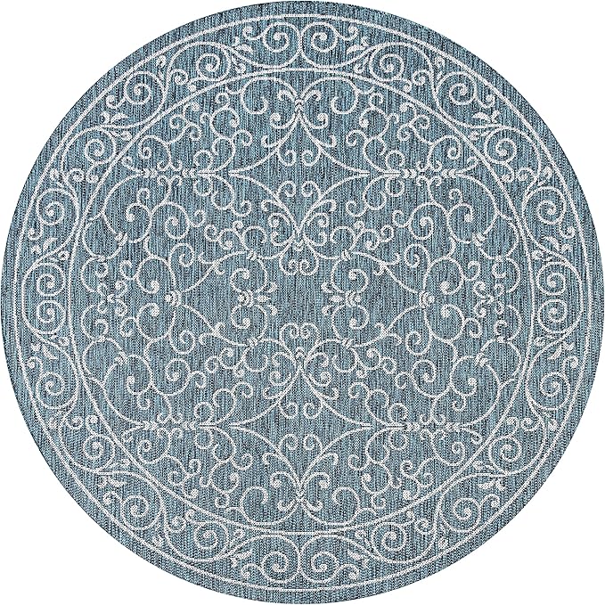 JONATHAN Y Vintage Filigree Indoor Outdoor Round Area Rug 9 Ft Teal/Gray, Charleston Textured Weave for Backyard, Patio, Porch, Easy-Cleaning, High Traffic, Pet-Friendly, Non-Shedding (SMB106F-9R)-Ruum Studio Home