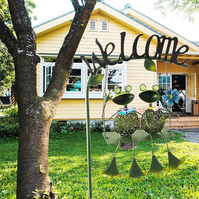 Frog Solar Light Garden Outdoor Decoration Swing Metal Stake Lamp with Welcome Sign Waterproof Patio Yard Decor Gifts-48 inch-Ruum Studio Home