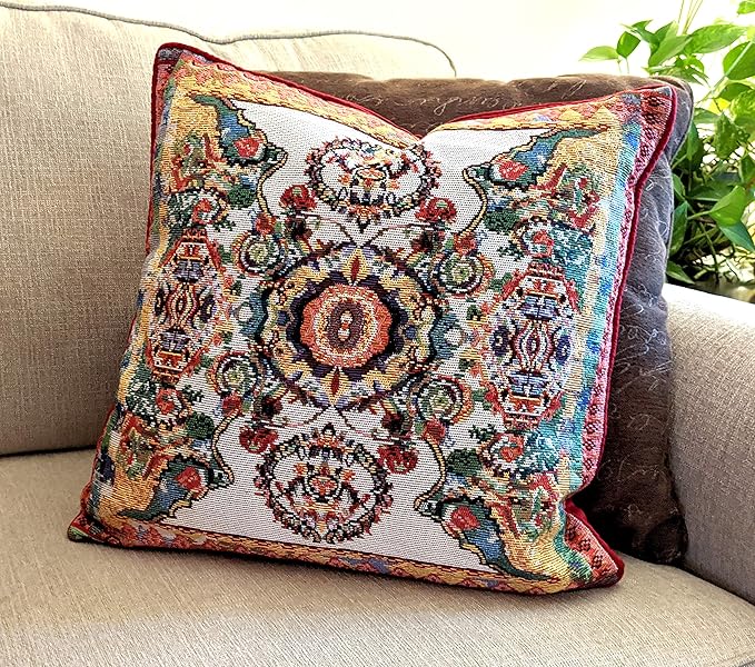 Tache Cushion Cover 18x18 Rococo Elegant Ornate Ivory Colorful Paisley Cotton Linen Tapestry Woven Decorative Throw Pillow Cover, 1 Piece-Ruum Studio Home