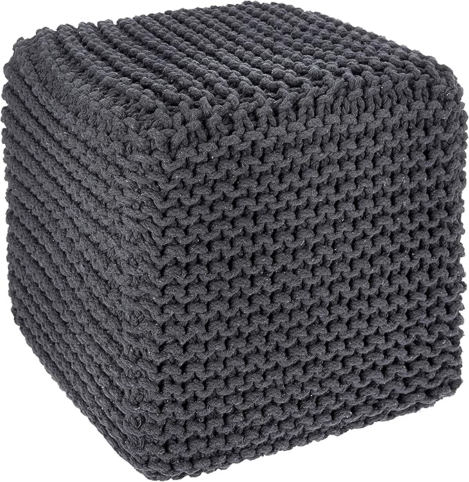 REDEARTH Cube Pouf Foot Stool Ottoman - Hand Knitted Coffee Table - Cotton Cord Boho Pouffe - Home Décor Poof - Stuffed Footrest for Living Room - Bedroom - Patio (16" x 16" x 16") - Dark Gray-Ruum Studio Home