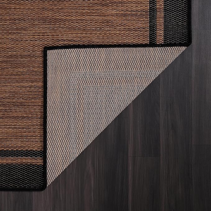 CAMILSON Indoor Outdoor Rug, 9x12 Bordered Nut Brown Black Modern Area Rugs for Indoor and Outdoor Patios, Kitchen and Hallway Mats, Washable Porch Deck Outside Carpet (Border Nut Brown Black, 9 x 12)-Ruum Studio Home