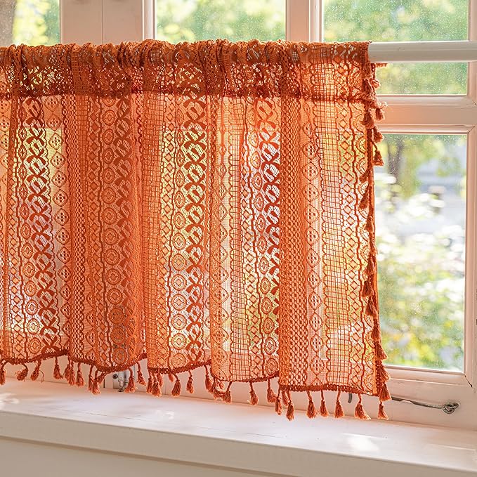 Sutuo Home Terracotta Boho Valance Short Curtains Crochet Lace Sheer Bohemian Hollow Knitted with Tassels, Privacy Vintage Rustic Farmhouse Drapes for Kitchen, Rod Pocket 1 Panel 59" W x 36" L, Orange-Ruum Studio Home