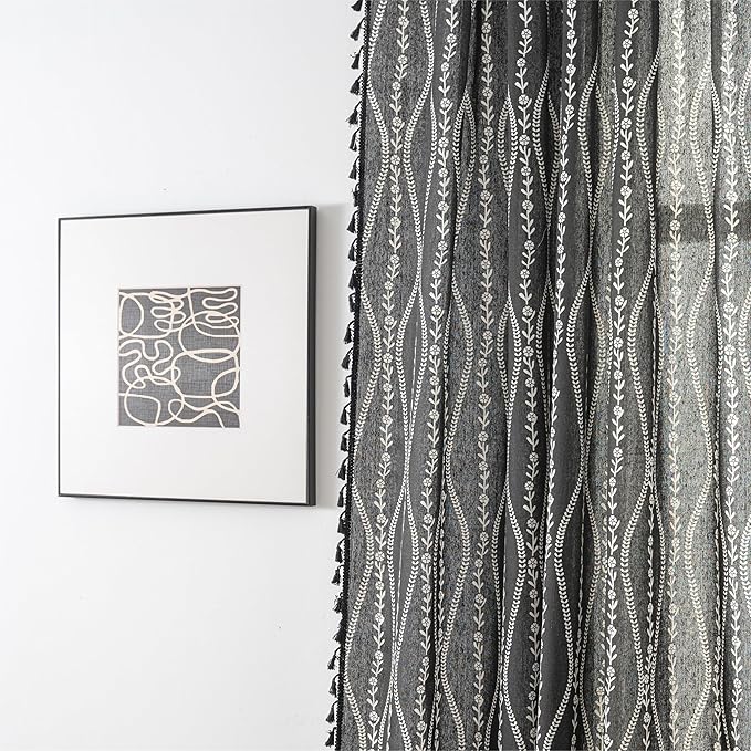 Sutuo Home Boho Curtains 96 Inches Long for Bedroom Living Room Kitchen, Stripe Floral Bohemian Tassels Country Window Treatment Drape for Halloween Decorations Rod Pocket, 1 Panel 59"W x 96"L,Black-Ruum Studio Home
