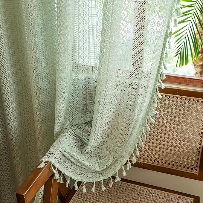Sutuo Home Boho Curtains for Bedroom Dining Room, Bohemian Crochet Lace Hollow Knitted Handmade Tassels Vintage Rustic Window Treatment Farmhouse Drapes, 1 Panel Rod Pocket 59" W x 96" L, Mint Green-Ruum Studio Home