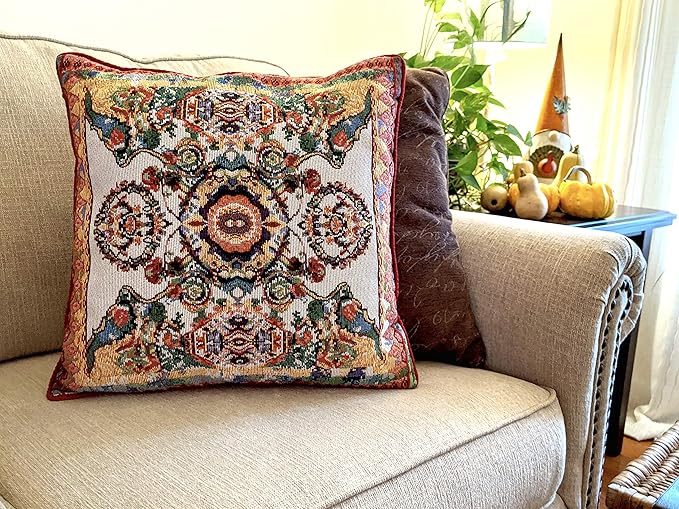 Tache Rococo Elegant Ornate Ivory Colorful Paisley Cotton Linen 18x18 Tapestry Woven Cushion Throw Pillow Cover 2 Pieces-Ruum Studio Home