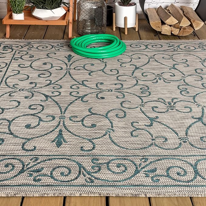 JONATHAN Y Vintage Filigree Indoor Outdoor Area Rug 4X6 Gray/Teal, Charleston Textured Weave for Backyard, Patio, Porch, Easy-Cleaning, High Traffic, Pet-Friendly, Non-Shedding (SMB106E-4)-Ruum Studio Home