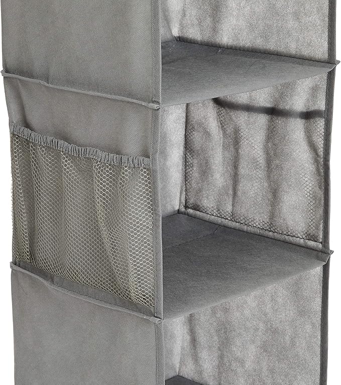 Amazon Basics 6-Tier Hanging Closet Shelf Organizer With Pockets, 8.5" D x 12" W x 9" H, Grey-Ruum Studio Home