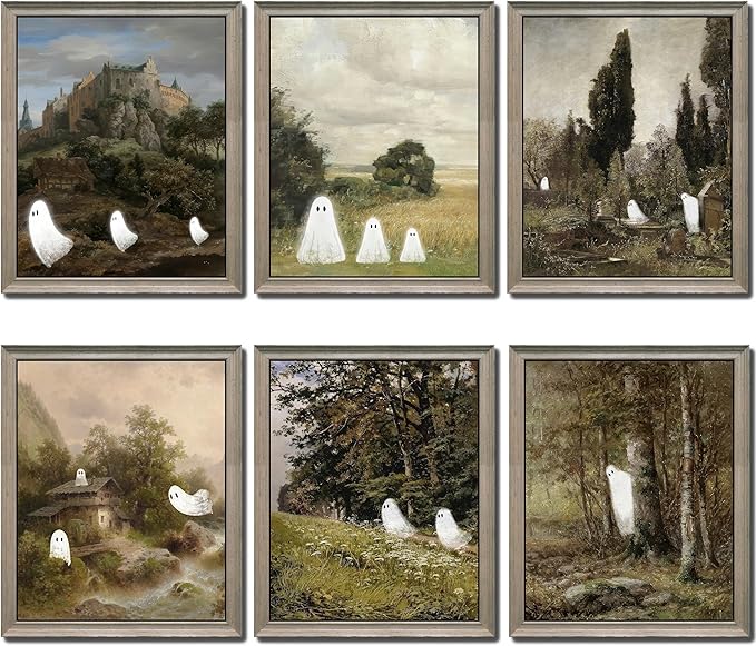 LANCHI95 6 Pcs 8x10in Halloween Wall Art Prints, Vintage Posters, Cute Ghost Pictures for Bedroom Decor (UNFRAMED)-Ruum Studio Home
