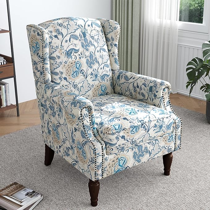 Lumibee High Back Accent Chair, Armchair in Fabric,Comfy Upholstered Wingback Single Sofa Reading Chair with Solid Wood Legs for Living Room,Bedroom,Office-Boho Blue-Ruum Studio Home
