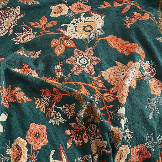 Boho Throw Blanket for Bed 80”x90”, 100% Cotton Woven Blanket for Couch Sofa, Ultra Soft 4-Layer Muslin Quilt with Floral Printed, Farmhouse Bed Blanket/Cover for Living Room Decor-Ruum Studio Home