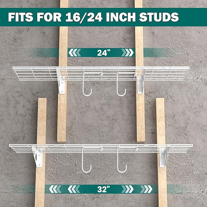 EVERHANGER Garage Wall Shelves, 12 X 48 Inch Wall Mounted Storage Shelves, Heavy Duty Metal Shelving with Hooks, 2 Pack, White-Ruum Studio Home