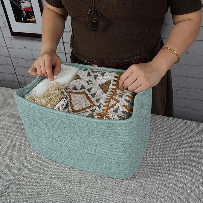 Cotton Rope storage Basket Bins Woven Basket for Organizing Shelves Rectangle Decorative Baskets For storage Clothes Toys Books Towels Square Wicker Nursery basket organizer 3 pack Green-Ruum Studio Home