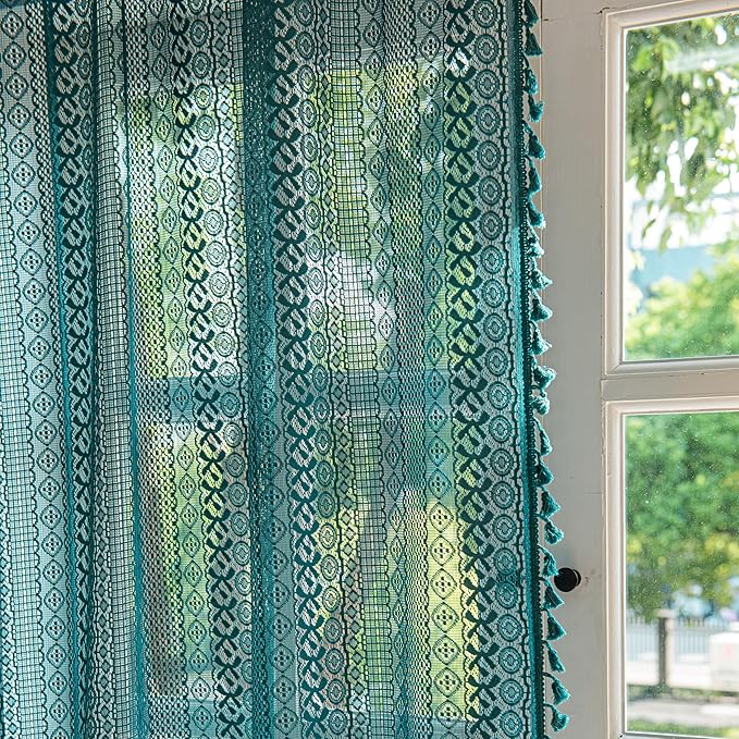 Sutuo Home Turquoise Boho Curtains for Bedroom Living Room,Crochet Lace Sheer Bohemian Stylish with Tassels, Window Treatment Privacy Vintage Rustic Farmhouse Drapes, Rod Pocket 1 Panel 59" W x 102" L-Ruum Studio Home