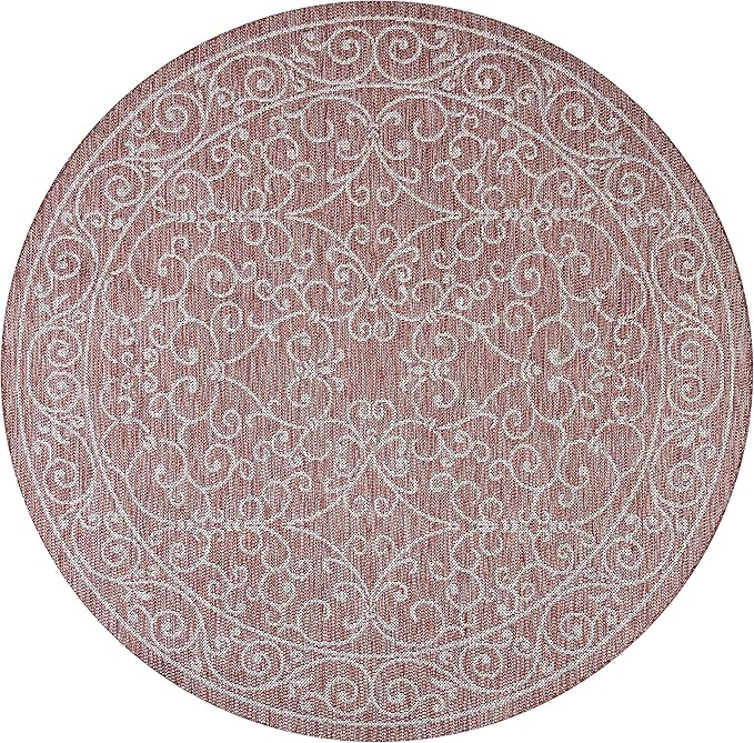 JONATHAN Y Vintage Filigree Indoor Outdoor Round Area Rug 8 Ft Red/Beige, Charleston Textured Weave for Backyard, Patio, Porch, Easy-Cleaning, High Traffic, Pet-Friendly, Non-Shedding (SMB106B-8R)-Ruum Studio Home