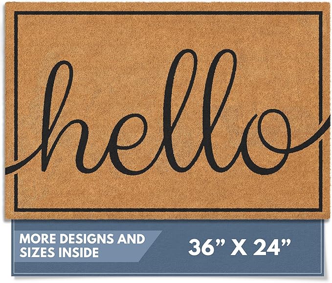 Barnyard Designs Natural Coco Coir Heavy Duty Backing Doormat - Large Cute Non-Slip Front Door Welcome Mat for Outside Entrance or Porch Entry, Brown (24x36, Hello)-Ruum Studio Home