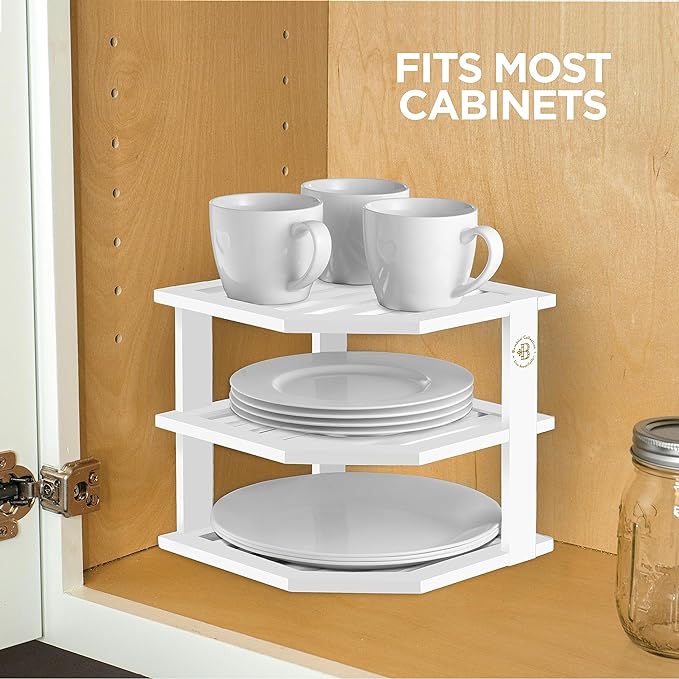 Cabinet Organizer Shelf - Bamboo Corner Rack for Kitchen Counter, Cabinet Space Saver for Plates, Dishes, Bowls, Bread Pantry, Bathroom Storage or Countertop Stand, White-Ruum Studio Home