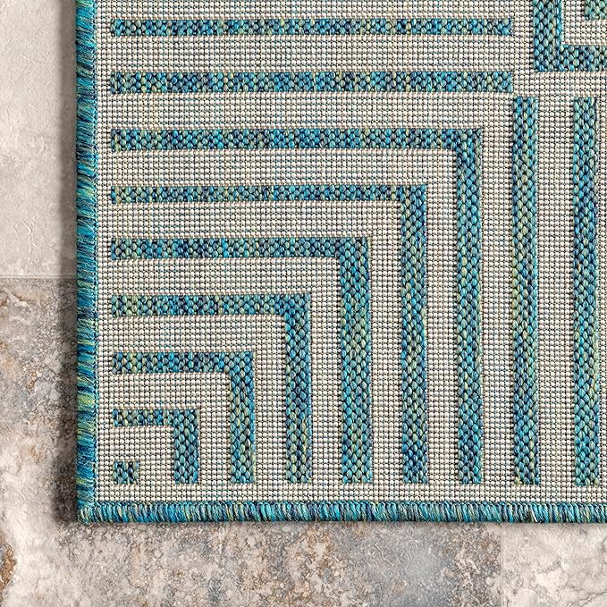 nuLOOM 5' x 8' Outdoor Area Rug, Casual Design With Striped Border, Stain Resistant, Highly Durable, For Patio, Balcony, Bedroom, Living Room, Dining Room, Bathroom, Teal-Ruum Studio Home
