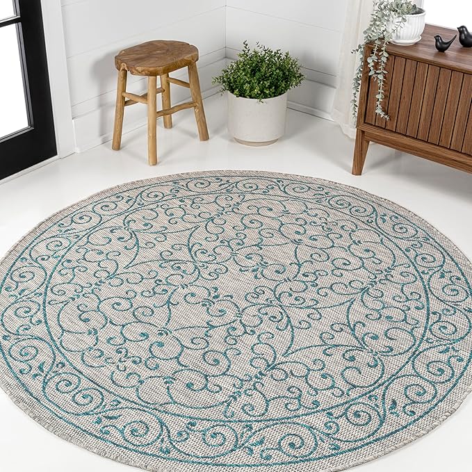 JONATHAN Y Vintage Filigree Indoor Outdoor Round Area Rug 9 Ft Gray/Teal, Charleston Textured Weave for Backyard, Patio, Porch, Easy-Cleaning, High Traffic, Pet-Friendly, Non-Shedding (SMB106E-9R)-Ruum Studio Home