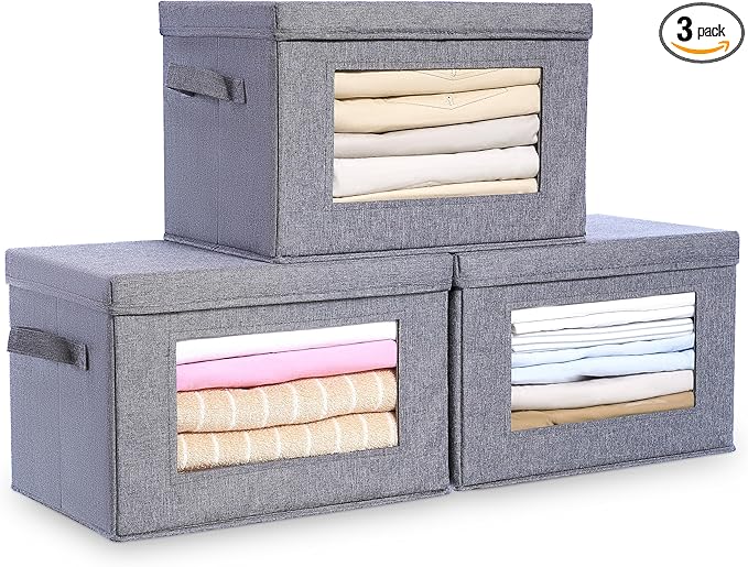 Citylife 3-Pack Collapsible Storage Bins with Lids, Linen Fabric Foldable Storage Boxes, Cube Closet Organization for Clothes, Blankets and Books, Gray-Ruum Studio Home