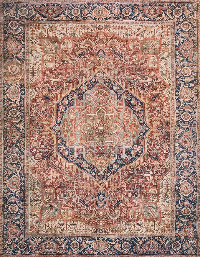 Loloi Layla Collection LAY-08 Red/Navy 2'-0" x 5'-0" .13" Thick Accent Rug, Soft, Durable, Vintage Inspired, Distressed, Low Pile, Non-Shedding, Easy Clean, Printed, Living Room Rug-Ruum Studio Home