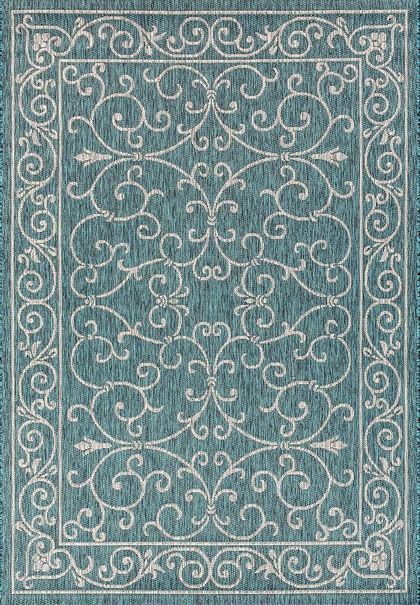 JONATHAN Y Vintage Filigree Indoor Outdoor Area Rug 5X8 Teal/Gray, Charleston Textured Weave for Backyard, Patio, Porch, Easy-Cleaning, High Traffic, Pet-Friendly, Non-Shedding (SMB106F-5)-Ruum Studio Home