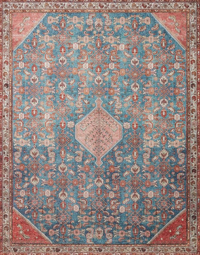 Loloi Layla Collection LAY-10 Marine/Clay 7'-6" x 9'-6" .13" Thick Area Rug, Soft, Durable, Vintage Inspired, Distressed, Low Pile, Non-Shedding, Easy Clean, Printed, Living Room Rug-Ruum Studio Home