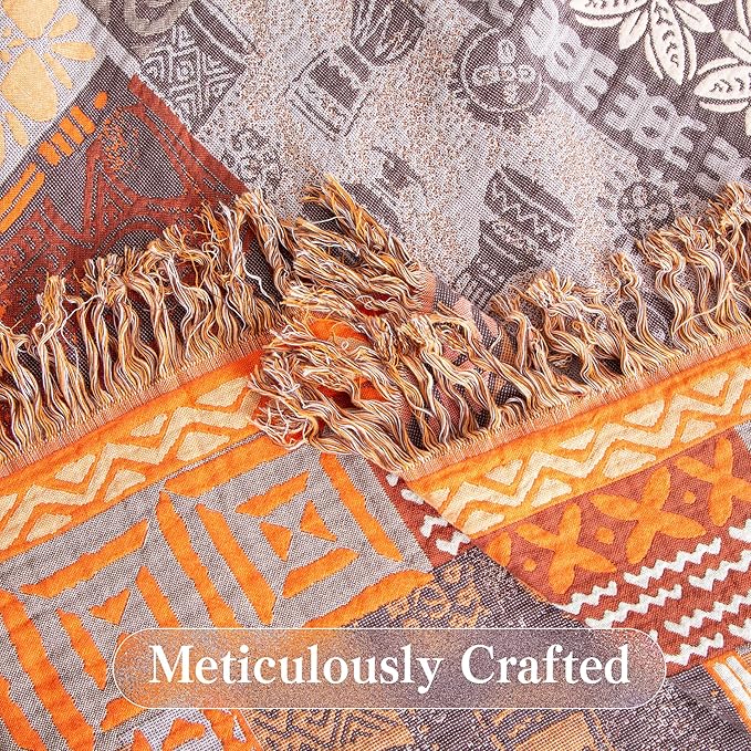 Boho Throw Blanket Twin Size, Soft Cozy Cotton Muslin Quilt Blanket for Bed Decor, Patchwork Block Couch Sofa Chair Cover, Vintage Farmhouse Cottage Tapestry Woven Blanket, Red&Orange-Ruum Studio Home