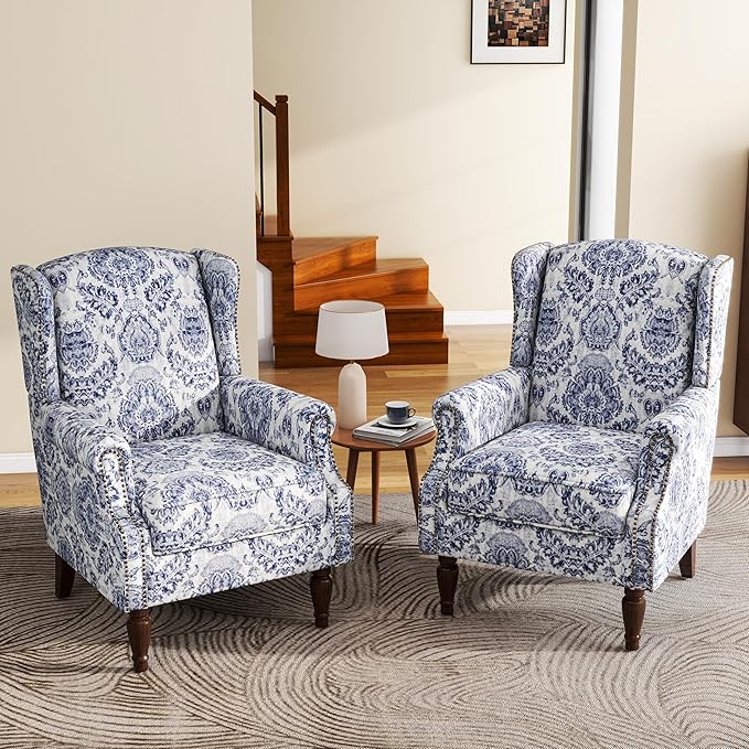 UIXE High Back Floral Accent Chairs Set of 2, Upholstered Armchair in Fabric, Retro Printed Wingback Arm Chair for Living Room, Nailhead Trim Single Sofa Bedroom Reading Seat - Navy Blue-Ruum Studio Home