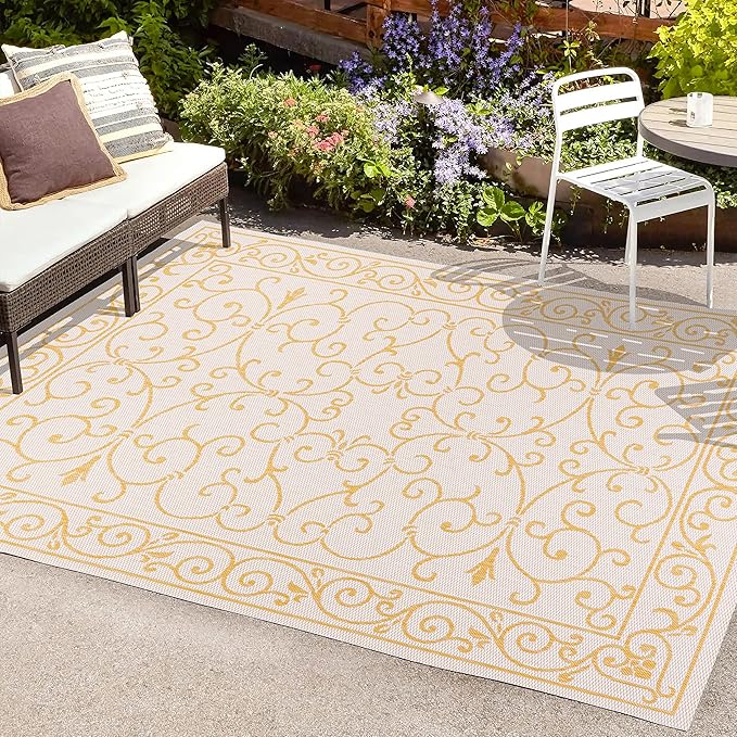 JONATHAN Y Vintage Filigree Indoor Outdoor Area Rug 4X6 Cream/Yellow, Charleston Textured Weave for Backyard, Patio, Porch, Easy-Cleaning, High Traffic, Pet-Friendly, Non-Shedding (SMB106M-4)-Ruum Studio Home