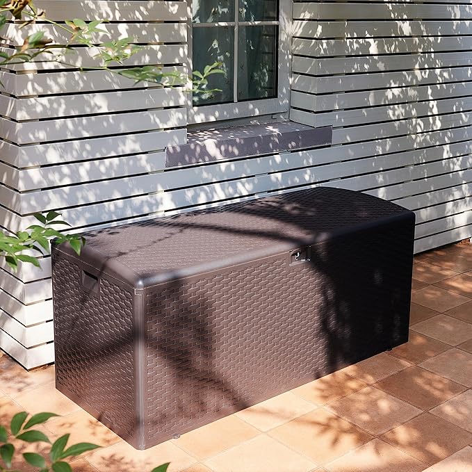 Amazon Basics Outdoor Patio Storage Box 150 Gallon Deck Box, Waterproof and Weather-resistant, Furniture Cushions Garden Tools, Brown-Ruum Studio Home