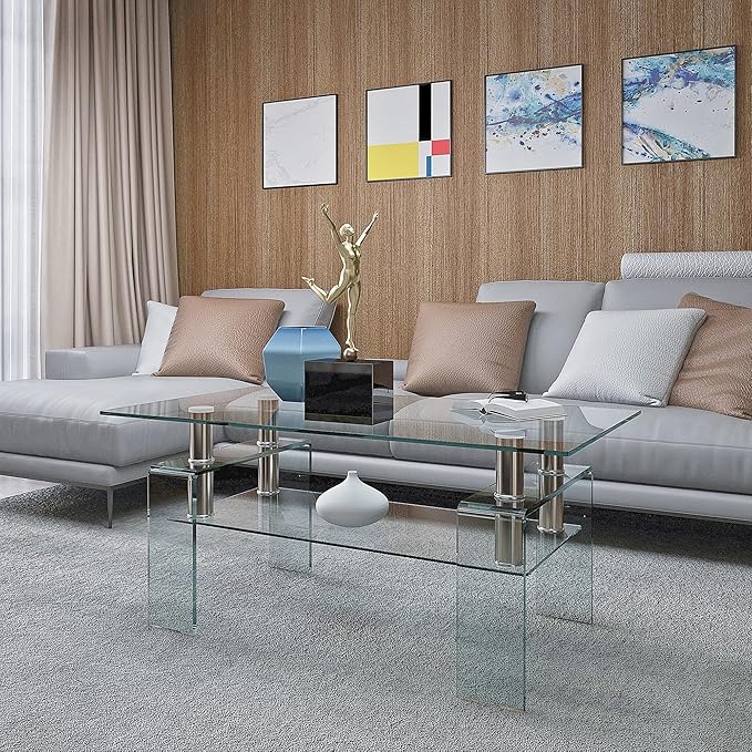 Glass Coffee Table for Living Room, Modern Rectangle All Tempered Glass Table 8mm Clear Transparent Top Home Furniture for Small Space Bearing 220LB-Ruum Studio Home