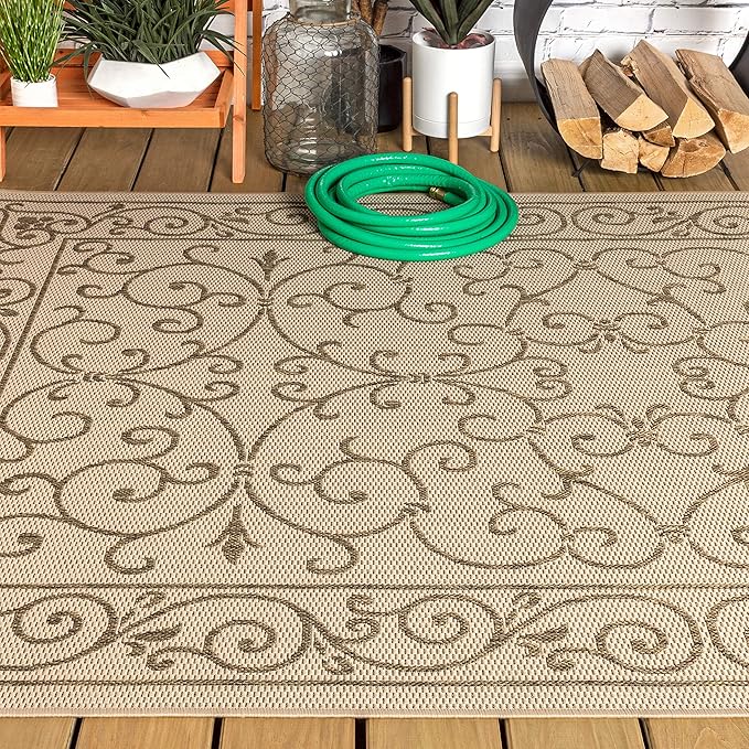JONATHAN Y Vintage Filigree Indoor Outdoor Area Rug 5X8 Beige/Brown, Charleston Textured Weave for Backyard, Patio, Porch, Easy-Cleaning, High Traffic, Pet-Friendly, Non-Shedding (SMB106A-5)-Ruum Studio Home