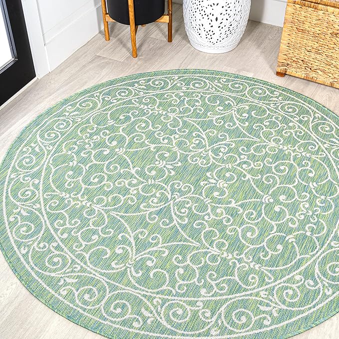 JONATHAN Y Vintage Filigree Indoor Outdoor Round Area Rug 5 Ft Green/Ivory, Charleston Textured Weave for Backyard, Patio, Porch, Easy-Cleaning, High Traffic, Pet-Friendly, Non-Shedding (SMB106K-5R)-Ruum Studio Home