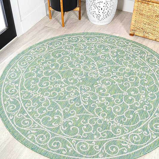 JONATHAN Y Vintage Filigree Indoor Outdoor Round Area Rug 5 Ft Green/Ivory, Charleston Textured Weave for Backyard, Patio, Porch, Easy-Cleaning, High Traffic, Pet-Friendly, Non-Shedding (SMB106K-5R)-Ruum Studio Home