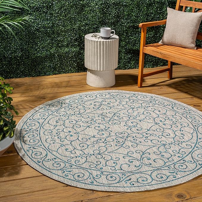 JONATHAN Y Vintage Filigree Indoor Outdoor Round Area Rug 8 Ft Gray/Teal, Charleston Textured Weave for Backyard, Patio, Porch, Easy-Cleaning, High Traffic, Pet-Friendly, Non-Shedding (SMB106E-8R)-Ruum Studio Home