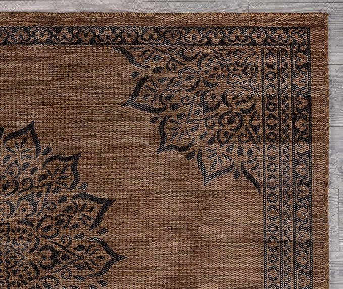 CAMILSON Outdoor Rug 8x10 Medallion Nut Brown Black Modern Area Rugs for Indoor and Outdoor Patios, Kitchen and Hallway Rug, Washable Porch Deck Outside Carpet (8 x 10)-Ruum Studio Home
