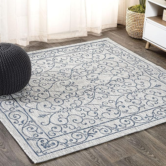 JONATHAN Y Vintage Filigree Indoor Outdoor Square Area Rug 6X6 Gray/Navy, Charleston Textured Weave for Backyard, Patio, Porch, Easy-Cleaning, High Traffic, Pet-Friendly, Non-Shedding (SMB106C-6SQ)-Ruum Studio Home