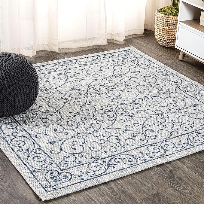 JONATHAN Y Vintage Filigree Indoor Outdoor Square Area Rug 8X8 Gray/Navy, Charleston Textured Weave for Backyard, Patio, Porch, Easy-Cleaning, High Traffic, Pet-Friendly, Non-Shedding (SMB106C-8SQ)-Ruum Studio Home