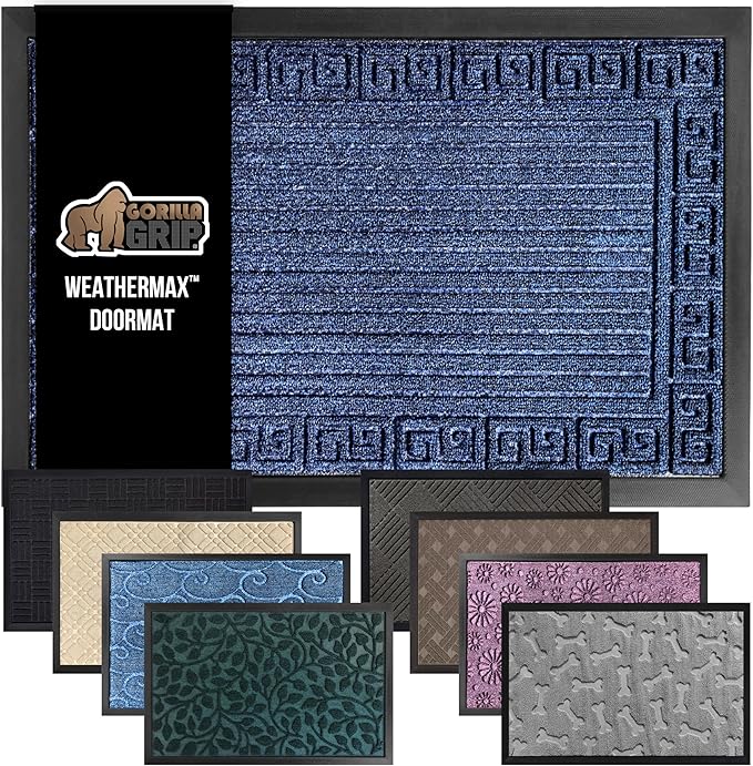 GORILLA GRIP 100% Waterproof All-Season WeatherMax Doormat, 47x35, US Designed Natural Rubber, Stain and Fade Resistant, Low Profile Indoor Outdoor Door Mats, Easy Clean Patio Mat, Navy Greek Keys-Ruum Studio Home