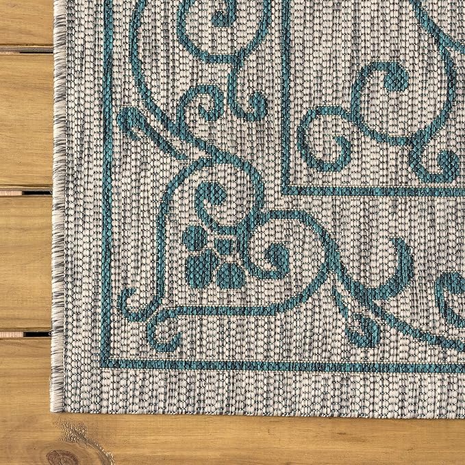 JONATHAN Y Vintage Filigree Indoor Outdoor Round Area Rug 8 Ft Gray/Teal, Charleston Textured Weave for Backyard, Patio, Porch, Easy-Cleaning, High Traffic, Pet-Friendly, Non-Shedding (SMB106E-8R)-Ruum Studio Home