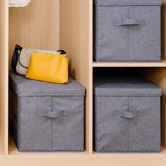 Citylife 3-Pack Collapsible Storage Bins with Lids, Linen Fabric Foldable Storage Boxes, Cube Closet Organization for Clothes, Blankets and Books, Gray-Ruum Studio Home