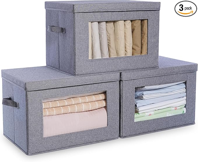 Citylife 3-Pack Collapsible Storage Bins with Lids, Linen Fabric Foldable Storage Boxes, Cube Closet Organization for Clothes, Blankets and Books, Gray-Ruum Studio Home