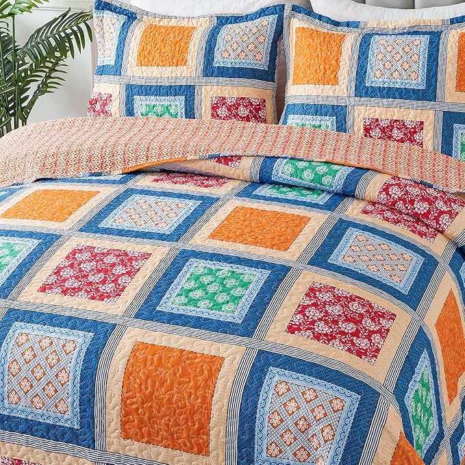 NEWLAKE Quilt Bedspread Sets - Bohemian Farmhouse Pattern Reversible Coverlet Set, King Size-Ruum Studio Home